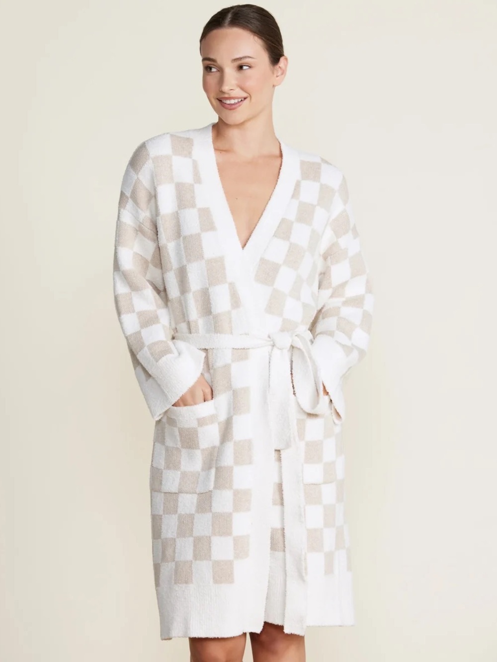 Barefoot Dreams Cozy Chic Cotton Checkered Robe-Oatmeal/Cream Medium
